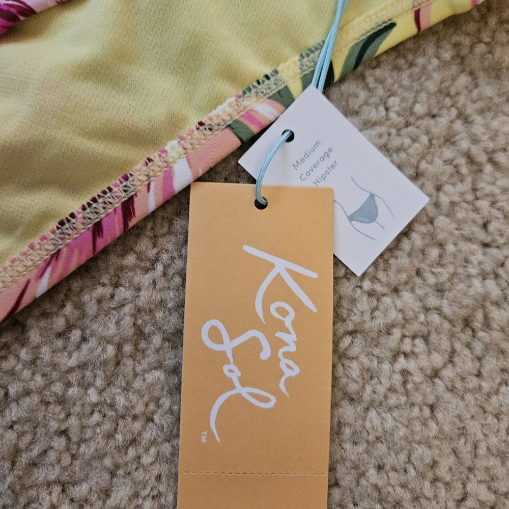 Kona Sol Yellow and Pink Floral Bikini Swimsuit Bottoms Women's Medium M New